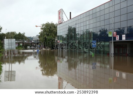 PRAGUE, CZECH REPUBLIC - JUNE 3, 2013: Supermarket Kaufland flooded by the swollen Vltava River in Prague, Czech Republic.
