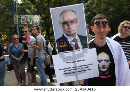 PRAGUE, CZECH REPUBLIC - SEPTEMBER 8, 2013: Czech homosexual activists protest against the Russian anti gay laws in front of the Russian Embassy in Prague, Czech Republic.