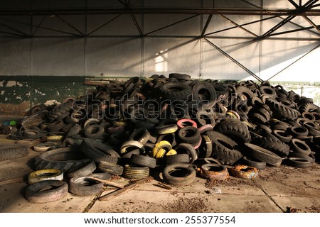 Old car tires in the area of the former Soviet military base in Milovice, Czech Republic.
