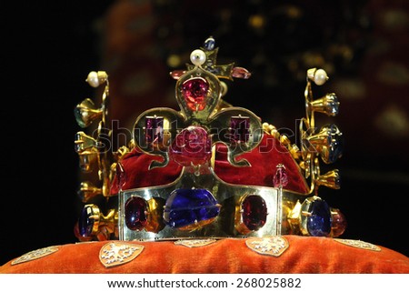 PRAGUE, CZECH REPUBLIC - MAY 10, 2013: Crown of Saint Wenceslas displayed at the exhibition of the Bohemian Crown Jewels in Prague, Czech Republic.
