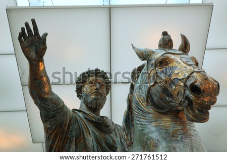 ROME, ITALY - DECEMBER 18, 2011: Roman bronze equestrian statue of Marcus Aurelius displayed in the Capitoline Museums in Rome, Italy.