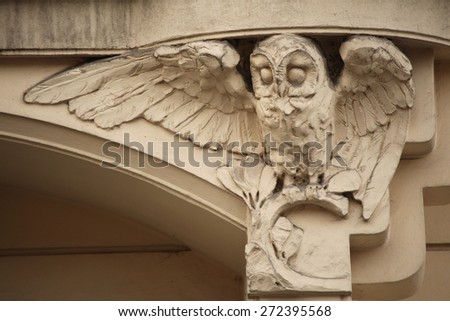 Owl. Art Nouveau building decoration at Bubenecska Street in Prague, Czech Republic.