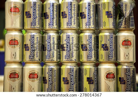 LEUVEN, BELGIUM - AUGUST 22, 2012: Empty beverage cans after Belgian beer Hoegaarden and Stella Artois pictured in Leuven, Belgium.