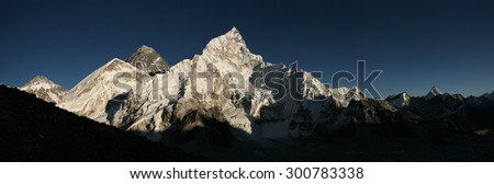 Sunset over Mount Everest (8,848 m) and Mount Nuptse (7,861 m) in Khumbu region, Himalayas, Nepal.
