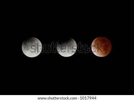 Three phases of a total lunar eclipse.