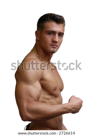 stock photo Muscular sexy man flexing biceps isolated on white