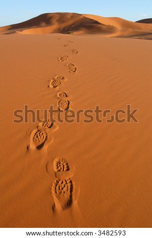 Human footsteps in the sand in the Sahara Desert, Morocco