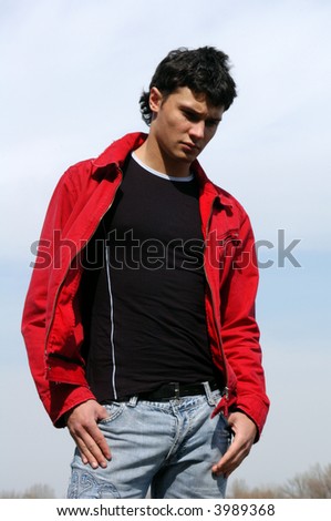 Young man in a red jacket