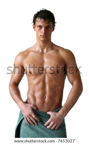 Wet Muscular Sexy Man Wrapped In A Towel Isolated On White Stock Photo