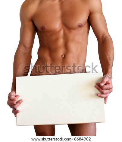 stock photo Naked muscular man covering with a box copy space isolated