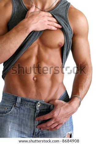 Muscular sexy man showing his six-packs isolated on white