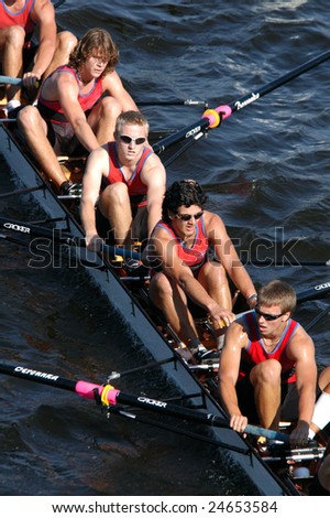 PRAGUE, JUNE 6 - Junior rowing team rowing ahead during a boat-race in Prague, Czech Republic, on June 6, 2008