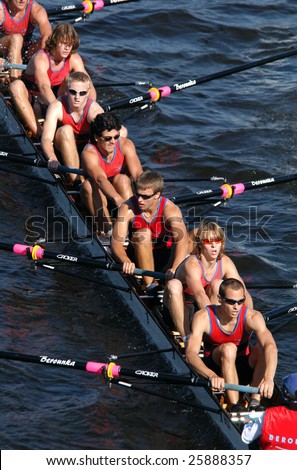 PRAGUE, - June 6: Junior rowing team rowing ahead during a boat-race in Prague, Czech Republic, on June 6, 2008