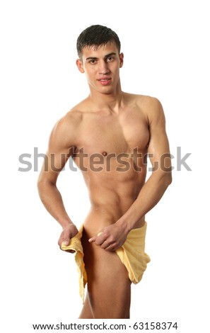 Wet muscular man wrapped a yellow towel isolated on white