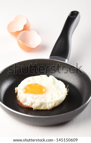 Fried egg on frying pan an egg shells.