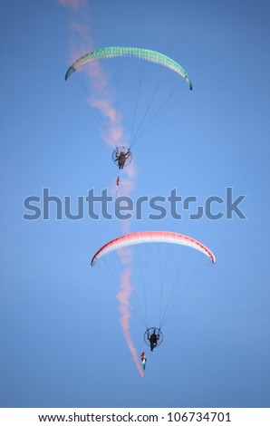 ROME - JUNE 3: A couple of powered paragliders perform at the Rome International Air Show on June 3, 2012 in Rome, Italy