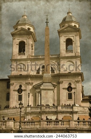 Vintage image of the Church of Trinita' dei Monti (Spanish Steps) in Rome, Italy