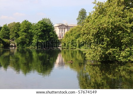 Buckingham Palace seen from St. James Park in London, UK