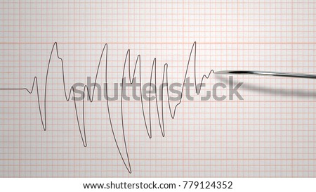 A multilayered 3d rendering of a lie detector with a metallic stylus putting down a red curvy line on a paper with boxes. The lines have different parameters. It means some person is dishonest.