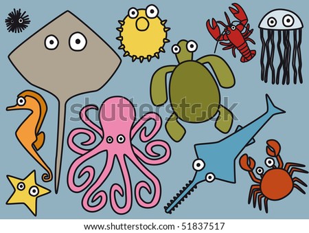 Fish    Animals on Vector   Sea Animals  Hedgehog Seahorse  Starfish  Rays  Puffer Fish