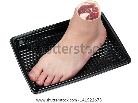 A human foot in a tray symbolizes human trafficking, cannibalism, or severe punishment.