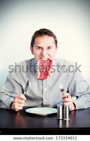 young adult men eating raw meat, toned image, add grain