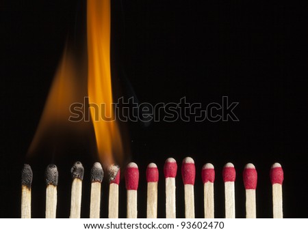 A line of red safety matches showing burnt out matches on the left , through burning matches, ignition, and unused ones on the right.