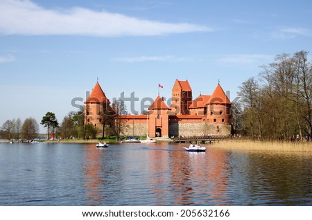 TRAKAI - APRIL 28: Castle in Trakai on April 28, 2012. Medieval castle in Trakai, the first capital city of Lithuania, is one of the most popular tourist attraction in the country