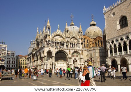 VENICE, Italy - OCTOBER 05: San Marco Basilica on October 05, 2011 Venice, Italy. Tourists visiting  San Marco Basilica, the one of major touristic attractions in Venice