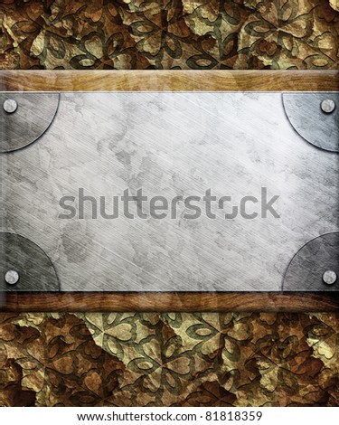 Old paper texture with space for text or image (empty silver metal plate)