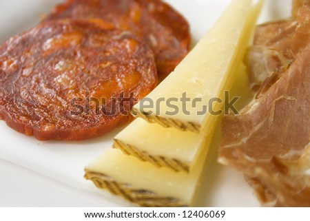 Small plate dining (tapas) with sausages, cheese and Italian ham.