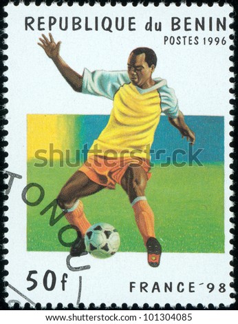 BENIN - CIRCA 1996: A stamp printed by Benin, shows football, circa 1996.