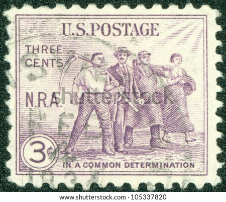 USA - CIRCA 1933 : A stamp printed in the USA shows Workers: National Recovery Act (N.R.A.), In a common determination, circa 1933