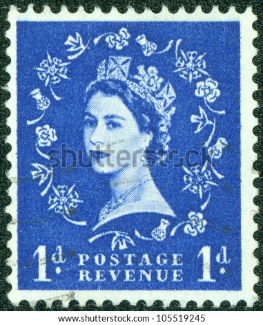 UNITED KINGDOM - CIRCA 1960: An English Used First Class Postage Stamp printed in UNITED KINGDOM showing Portrait of Queen Elizabeth in blue, circa 1960.
