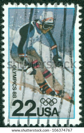 USA - CIRCA 1987: A stamp printed in the USA, dedicated to the Winter Olympics-1988, Calgary, shows Skiing, circa 1987