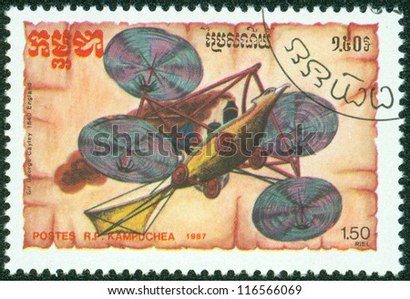 KAMPUCHEA-CIRCA 1987: A stamp printed in the Cambodia, depicts the aircraft design Sir George Cayley, circa 1987