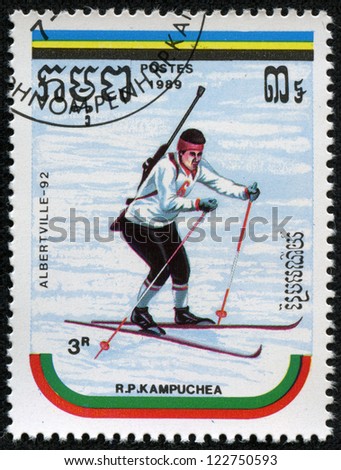 CAMBODIA - CIRCA 1989: A stamp printed by Cambodia shows the biathlon. Winter Games in Albertville 1992 series, circa 1989