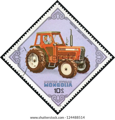 MONGOLIA - CIRCA 1982: A stamp printed in Mongolia shows a TRACTOR ISEKI-6500 JAPAN, circa 1982.