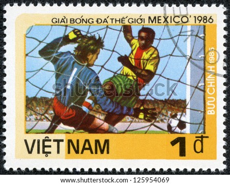 VIETNAM - CIRCA 1985: a stamp printed by VIETNAM shows football players. World football cup in Mexico, circa 1985