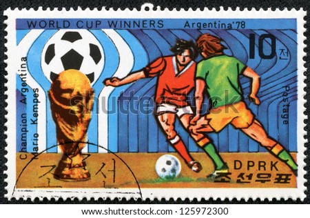 NORTH KOREA - CIRCA 1978: a stamp printed by North Korea shows football players. World football cup in Argentina, circa 1978