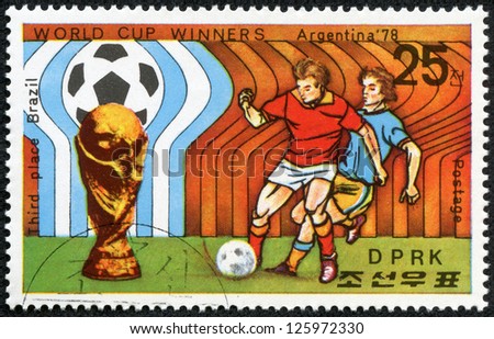 NORTH KOREA - CIRCA 1978: a stamp printed by North Korea shows football players. World football cup in Argentina, circa 1978