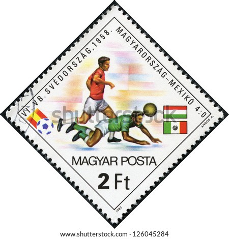 HUNGARY - CIRCA 1982: A stamp printed by HUNGARY shows football players. World football cup in Spain, series, circa 1982