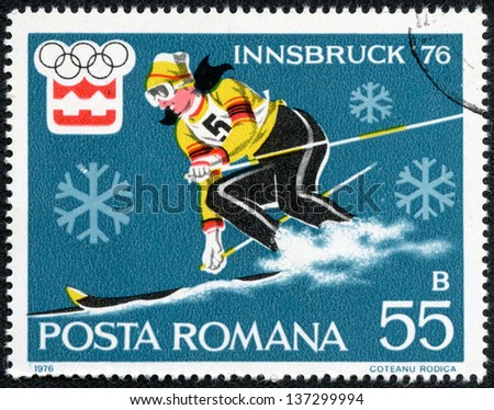 ROMANIA - CIRCA 1976: A stamp printed in Romania dedicated to XII Olympic Winter Games (1976) in Austria, circa 1976.