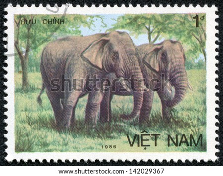 VIETNAM - CIRCA 1986: A stamp printed in VIETNAM shows Two Asian elephants, Asian elephant, series, circa 1986