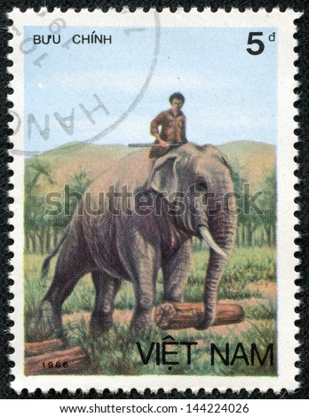 VIETNAM - CIRCA 1986: A stamp printed in VIETNAM shows worker elephant, Asian elephant series, circa 1986