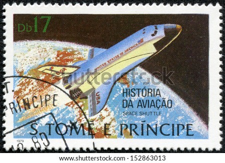 SAO TOME AND PRINCIPE - CIRCA 1979: mail stamp printed in Africa featuring the Space Shuttle orbiting the Earth, circa 1979