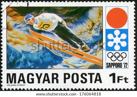 HUNGARY - CIRCA 1972: A stamp printed in Hungary showing Ski Jumping at the Winter Olympics in Sapporo, circa 1972