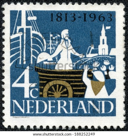 NETHERLANDS - CIRCA 1963: A stamp printed in Netherlands shows Prince William of Orange Landing at Scheveningen, circa 1963