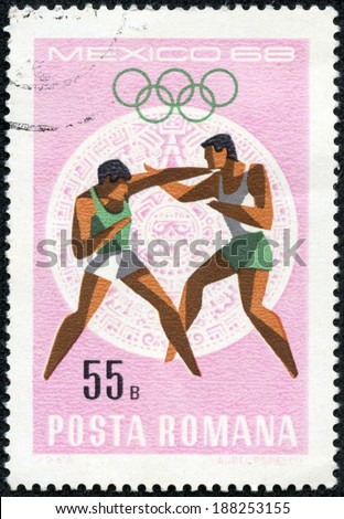 ROMANIA - CIRCA 1968: a stamp printed in the Romania shows Boxing, Summer Olympic sports, Mexico 68, circa 1968