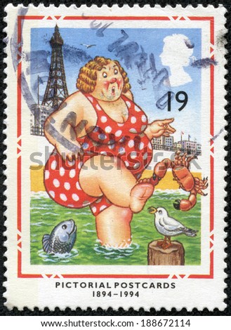 GREAT BRITAIN - CIRCA 1994: a stamp printed in the Great Britain shows Bather at Blackpool, British Picture Postcard, Centenary, circa 1994